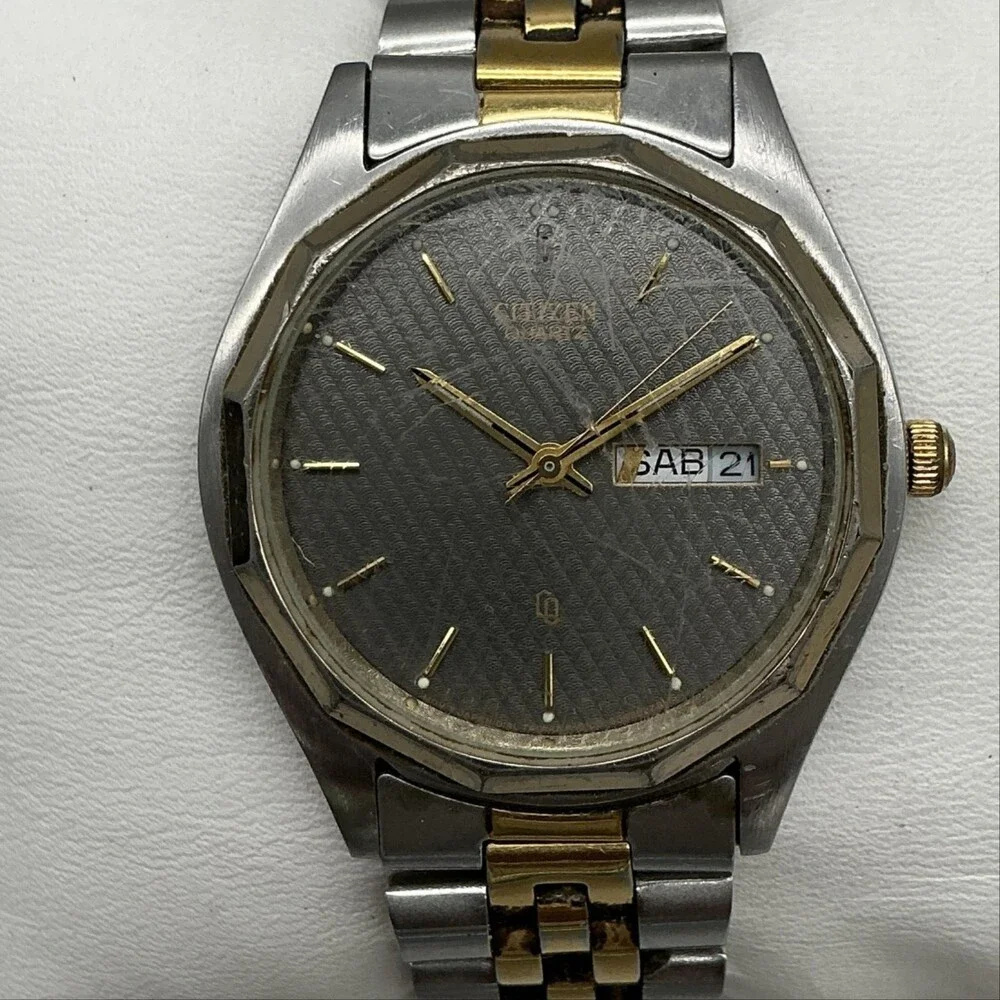 Vintage Citizen Men Watch 35mm Gray Dial Two Tone Day Date For Parts Not Running